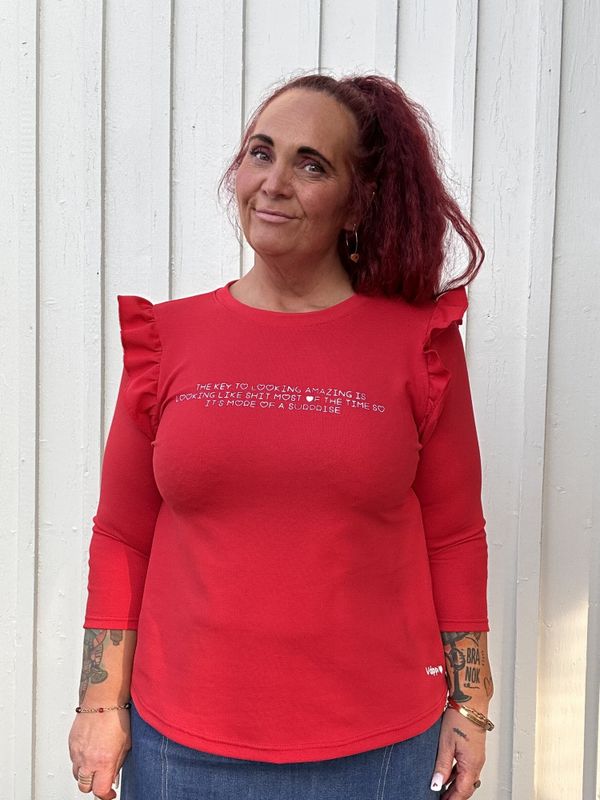 'Amazing' jerseygenser med volanger_rød